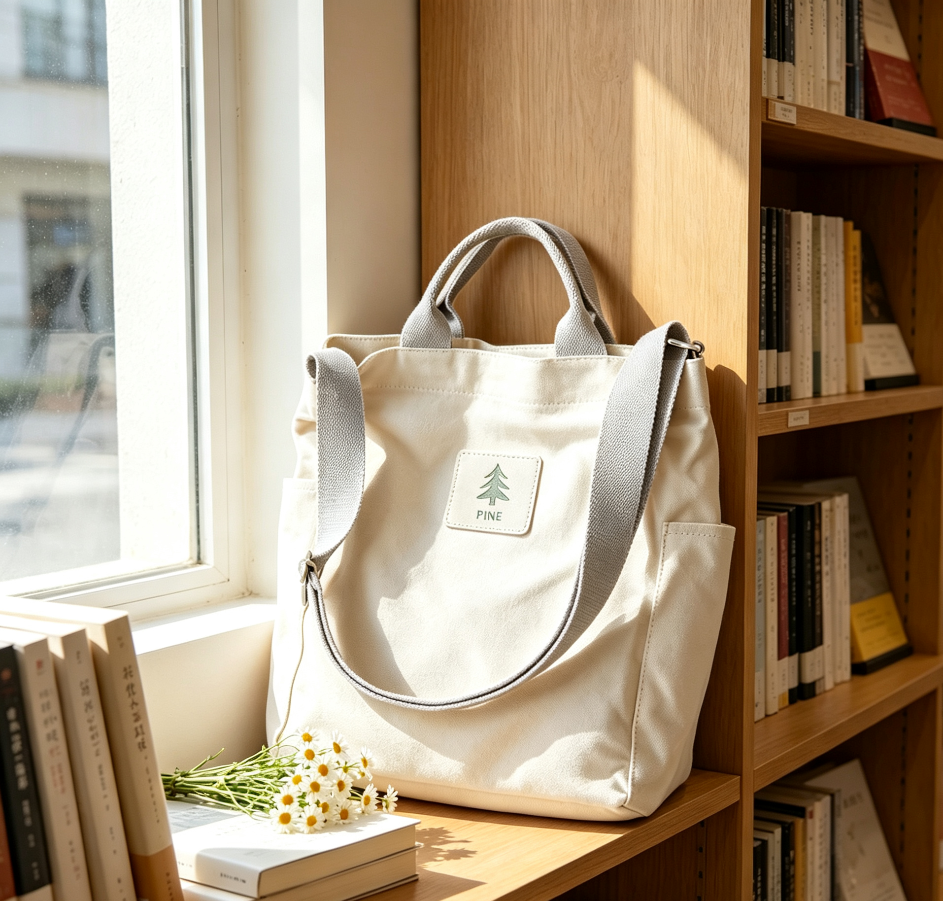 Stylish Reusable lightweight canvas tote bag with pockets for commuting travel supermarket shopping